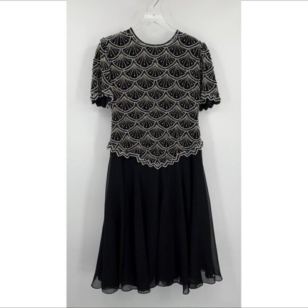 Laurence Kazar cocktail dress black chiffon sequin pearl beads formal PETITE L